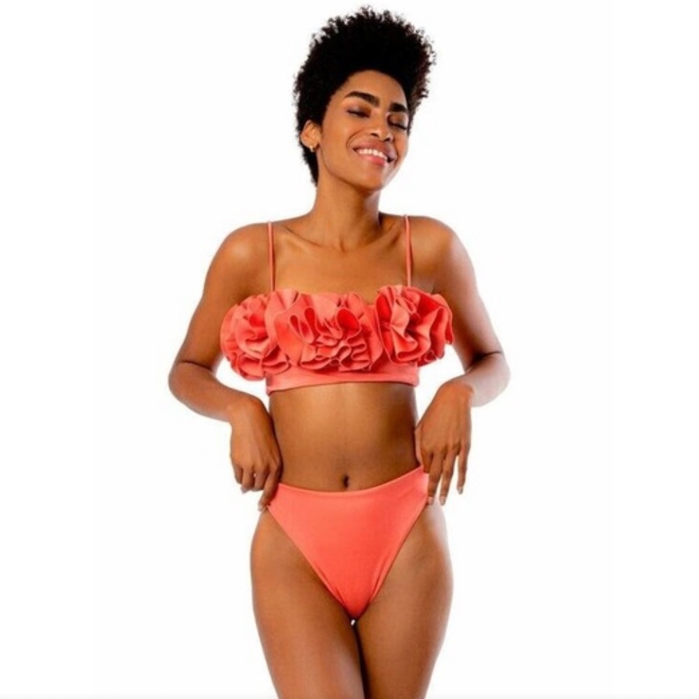 Maygel Coronel Ondina Ruffle Two Piece Bikini Set One Size Swimsuit $330 Pink